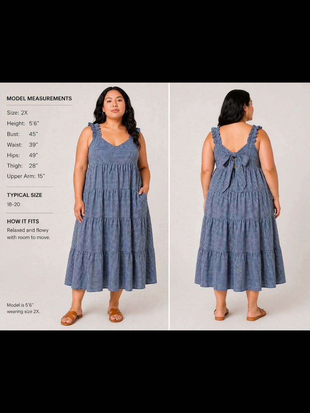 Plus Size Blue Tiered Midi Sundress with Tie Back